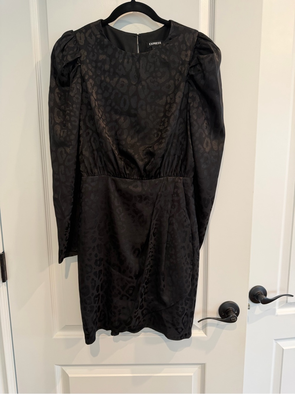 Express Black Animal-Print Long-Sleeve Mini Dress with Puff Shoulders